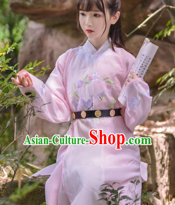 Asian China Tang Dynasty Kawaler Costume Pink Robe, Traditional Ancient Chinese Swordsman Hanfu Embroidered Clothing for Women