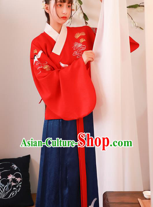 Asian China Ming Dynasty Young Lady Costume Red Blouse and Skirt, Traditional Ancient Chinese Princess Hanfu Embroidered Clothing for Women