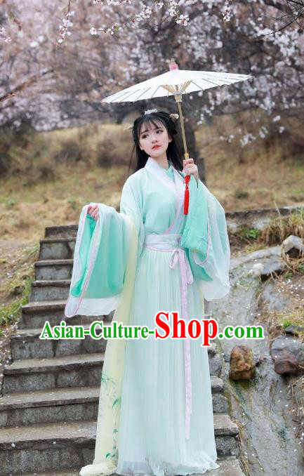 Asian China Jin Dynasty Imperial Princess Costume, Traditional Ancient Chinese Hanfu Embroidered Green Blouse and Skirt Clothing for Women