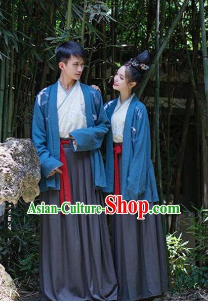 Asian China Han Dynasty Costume Blue BeiZi, Traditional Ancient Chinese Hanfu Embroidered Clothing for Women for Men