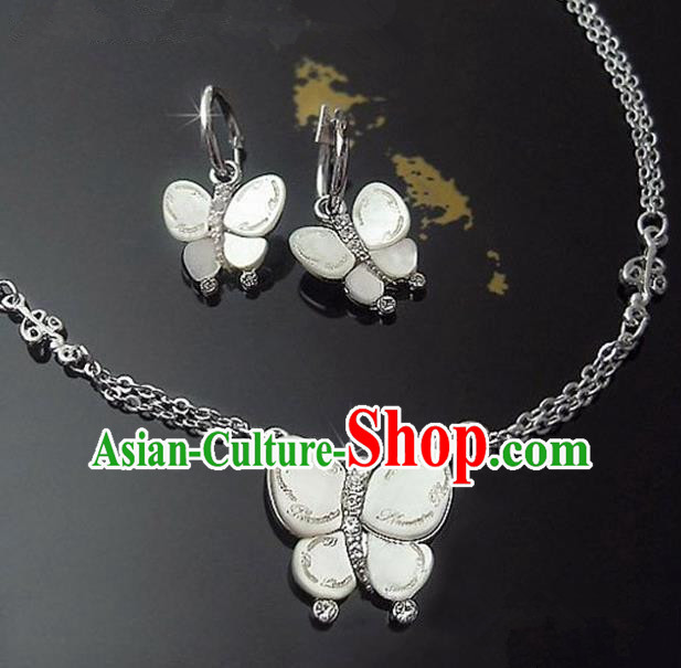 Traditional Korean Accessories Asian Korean Fashion Wedding Shell Butterfly Necklace and Earrings Complete Set for Women