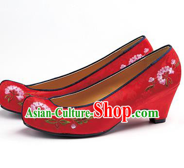 Traditional Korean National Red Embroidered Shoes, Asian Korean Hanbok Bride High-heeled Shoes for Women