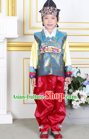 Traditional Korean National Handmade Court Embroidered Blue Costume, Asian Korean Boys Hanbok Clothing for Kids