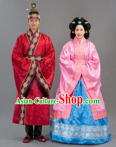 Traditional Korean National Handmade Court Embroidered Wedding Clothing, Asian Korean Bride Pink Dress Costume for Women