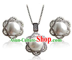 Traditional Korean Accessories Crystal Pearl Necklace and Earrings, Asian Korean Fashion Wedding Jewelry for Women
