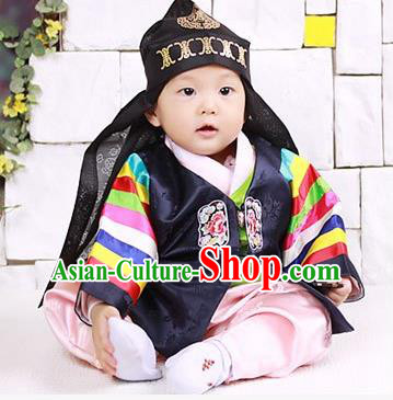 Traditional Korean Hair Accessories Embroidered Hat, Asian Korean Fashion Prince Black Hats for Kids