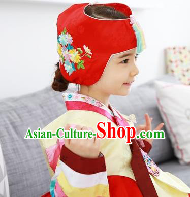 Traditional Korean Hair Accessories Embroidered Hat, Asian Korean Fashion Baby Princess Red Hats for Kids