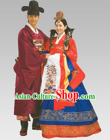 Traditional Korean Handmade Formal Occasions Court Wedding Costume Complete Set, Asian Korean Apparel Bride and Bridegroom Hanbok Clothing