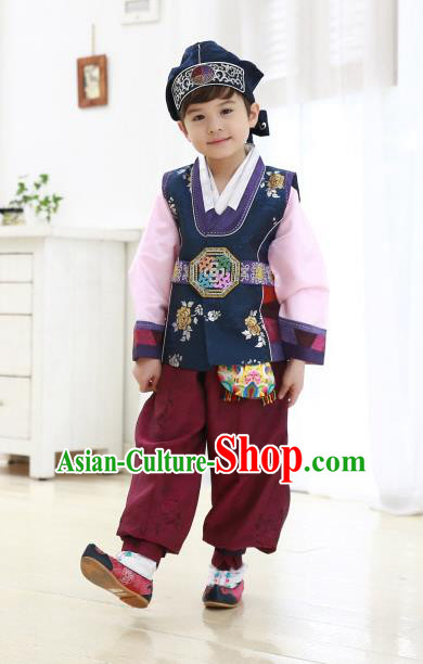 Traditional Korean Handmade Hanbok Embroidered Formal Occasions Blue Costume, Asian Korean Apparel Hanbok Clothing for Boys