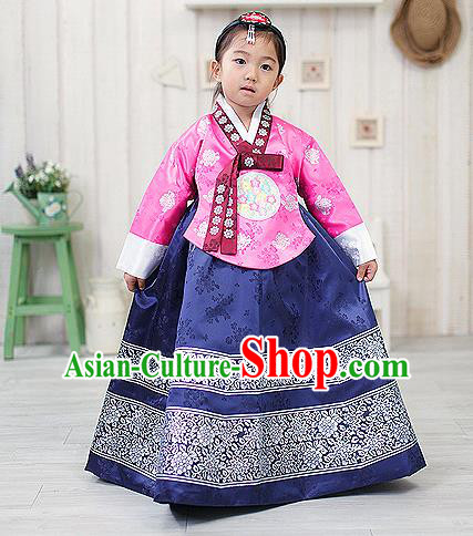Traditional Korean Handmade Formal Occasions Embroidered Girls Costume, Asian Korean Apparel Bride Hanbok Navy Dress Clothing for Kids