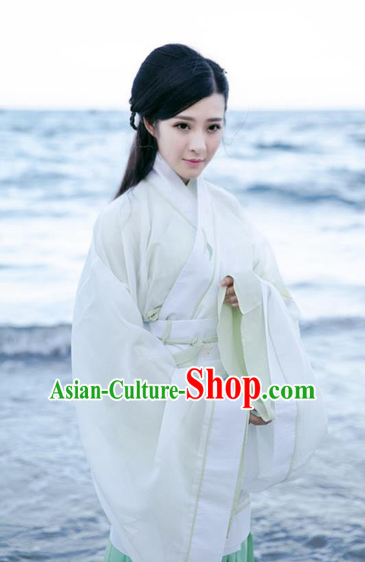 Asian China Han Dynasty Palace Lady Embroidered Costume, Traditional Chinese Ancient Princess Hanfu White Curve Bottom Clothing for Women