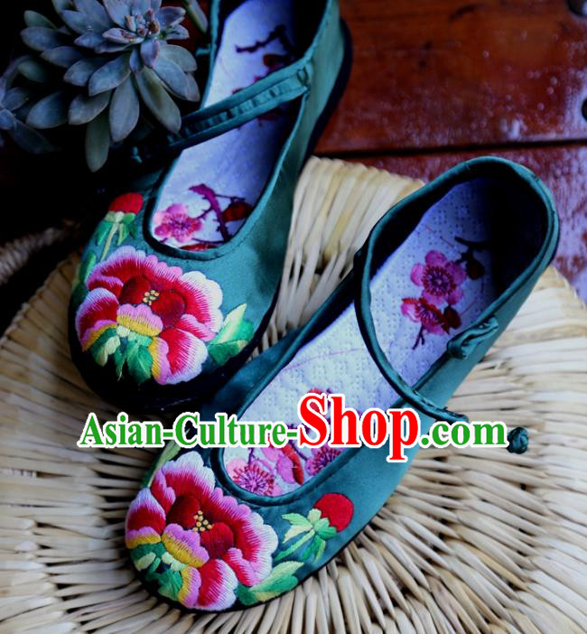 Traditional Chinese Ancient Princess Shoes Atrovirens Embroidered Boots, China Handmade Embroidery Peony Hanfu Shoes for Women