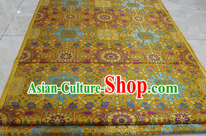 Chinese Traditional Ancient Costume Palace Flowers Pattern Tibetan Robe Yellow Brocade Tang Suit Fabric Hanfu Material