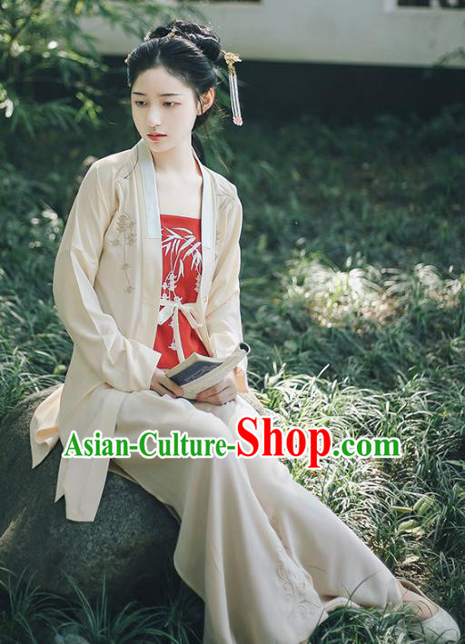 Traditional Chinese Song Dynasty Young Lady Costume Ancient Hanfu Embroidered Blouse and Pants Complete Set for Women
