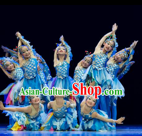 Traditional Chinese Modern Fish Dance Costume, Folk Dance Drum Dance Blue Uniform Yangko Clothing for Kids