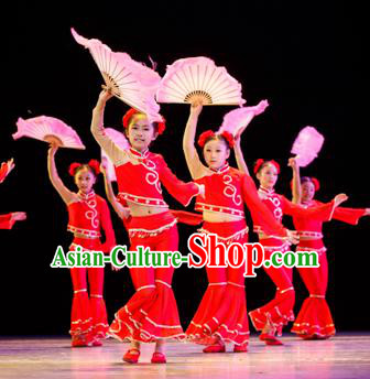Traditional Chinese Yangge Fan Dance Costume, Folk Dance Drum Dance Red Uniform Yangko Clothing for Kids