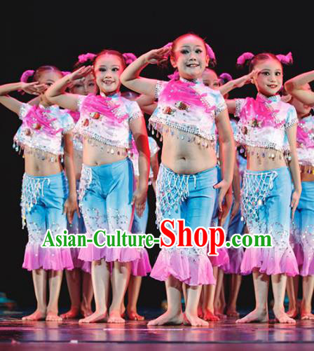 Traditional Chinese Yangge Fan Dance Costume, Folk Dance Drum Dance Blue Uniform Yangko Clothing for Kids