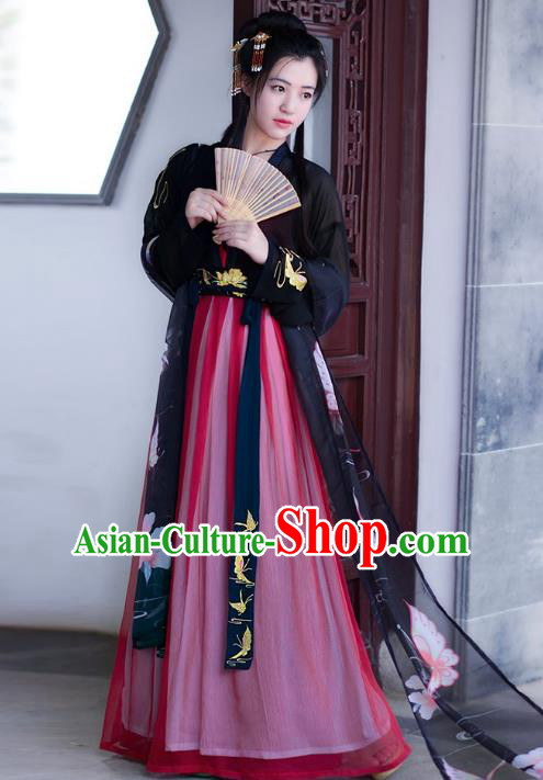 Traditional Chinese Tang Dynasty Palace Lady Princess Hanfu Embroidered Butterfly Costume for Women