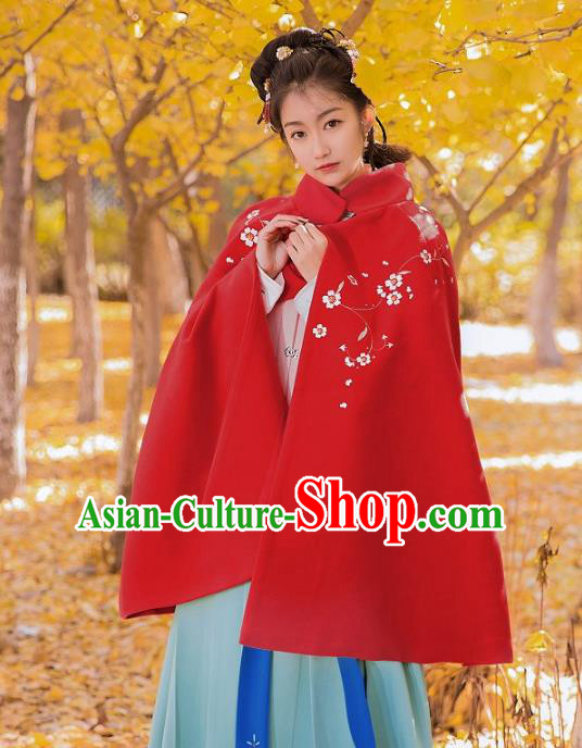 Traditional Chinese Ming Dynasty Young Lady Hanfu Costume Embroidered Red Short Cloak for Women