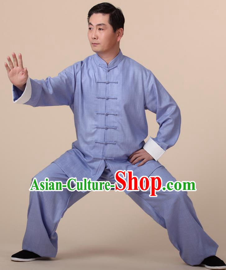Traditional Chinese Kung Fu Blue Linen Costume, China Martial Arts Uniform Tai Ji Tang Suit Clothing for Men