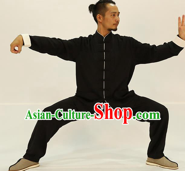 Traditional Chinese Kung Fu Black Linen Costume, China Martial Arts Uniform Tai Ji Tang Suit Plated Buttons Clothing for Men
