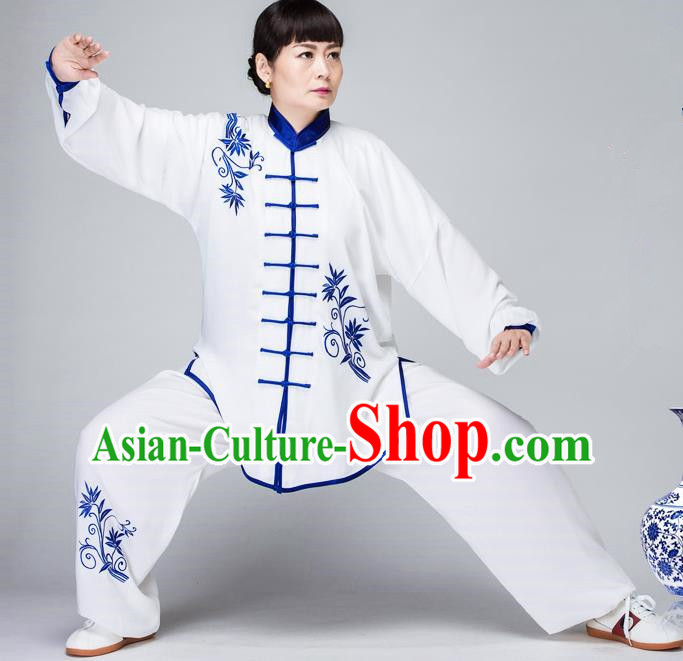 Traditional Chinese Kung Fu Embroidered Costume, China Martial Arts White Uniform Tai Ji Tang Suit Plated Buttons Clothing for Women