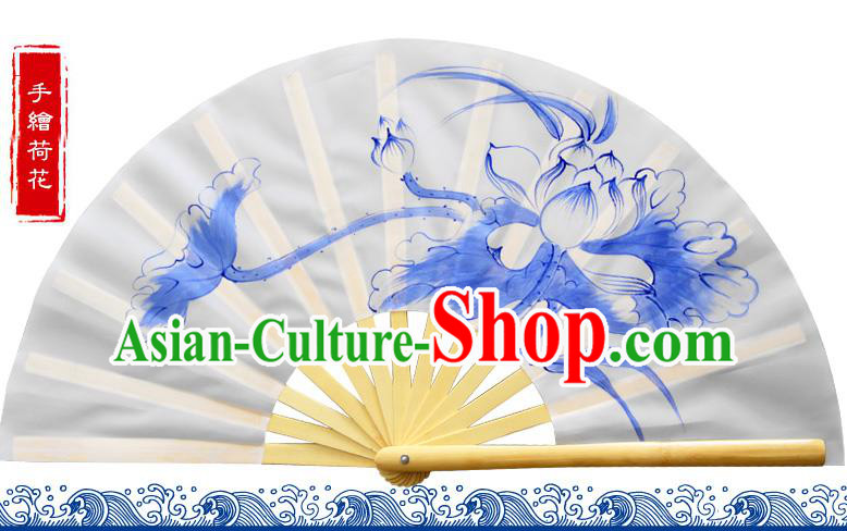 Chinese Traditional Hands Painted Lotus Fans Oriental Fan Tai Ji Dance Folding Fan