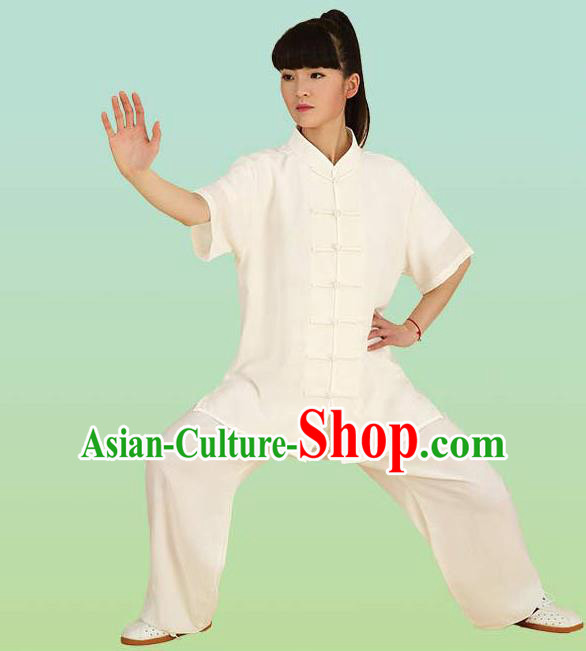Chinese Linen Kung Fu Short Sleeve Costume, China Traditional Martial Arts Kung Fu Tai Ji Plated Buttons Uniform for Women