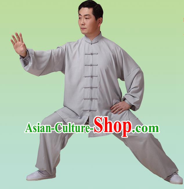 Top Grade Chinese Linen Kung Fu Costume, China Traditional Martial Arts Kung Fu Training Grey Uniform Wushu Clothing for Adult