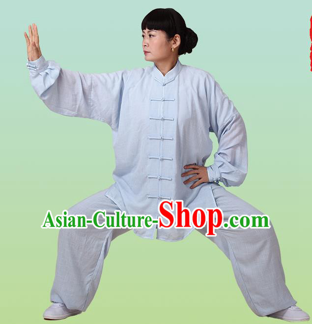 Top Grade Chinese Linen Kung Fu Costume, China Traditional Martial Arts Kung Fu Training Blue Uniform Wushu Clothing for Adult