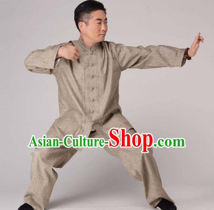 Traditional Chinese Kung Fu Khaki Linen Costume, China Martial Arts Uniform Tai Ji Tang Suit Plated Buttons Clothing for Men