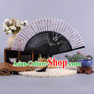 Traditional Chinese Crafts Hand Painted Wintersweet Grey Silk Folding Fan China Oriental Fans for Women