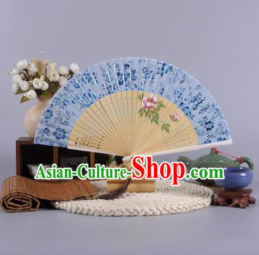 Traditional Chinese Crafts Hand Painted Peony Blue Silk Folding Fan China Oriental Fans for Women