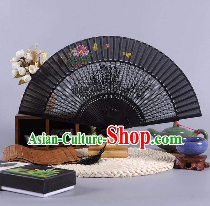 Traditional Chinese Crafts Hollow Out Peony Folding Fan China Oriental Black Bamboo Fans for Women