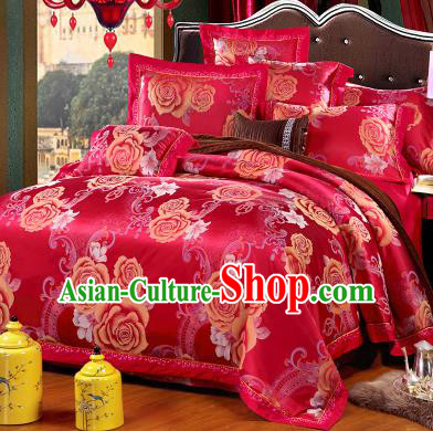 Traditional Chinese Wedding Red Satin Qulit Cover Printing Rose Bedding Sheet Four-piece Duvet Cover Textile Complete Set