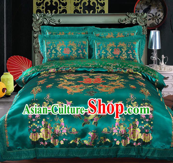 Traditional Asian Chinese Wedding Green Satin Qulit Cover Embroidered Hundred Children Bedding Sheet Four-piece Duvet Cover Textile Complete Set