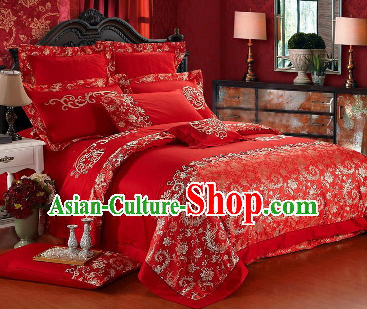 Traditional Chinese Wedding Red Qulit Cover Bedding Sheet Embroidered Ten-piece Duvet Cover Textile Complete Set