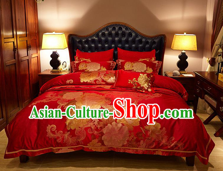 Traditional Asian Chinese Wedding Palace Qulit Cover Bedding Sheet Printing Peony Red Satin Ten-piece Duvet Cover Textile Complete Set