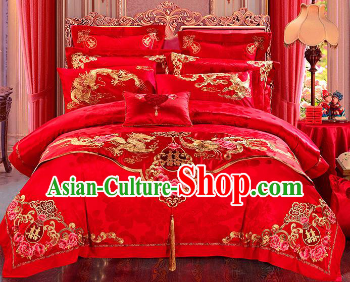 Traditional Asian Chinese Wedding Palace Qulit Cover Bedding Sheet Embroidered Dragon Phoenix Red Satin Eleven-piece Duvet Cover Textile Complete Set