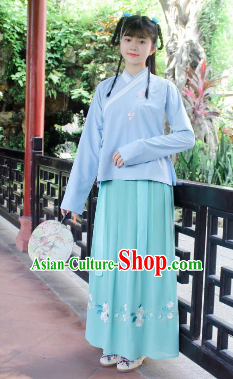 Traditional Chinese Ancient Ming Dynasty Princess Hanfu Costume Embroidered Blue Blouse and Green Skirt for Women