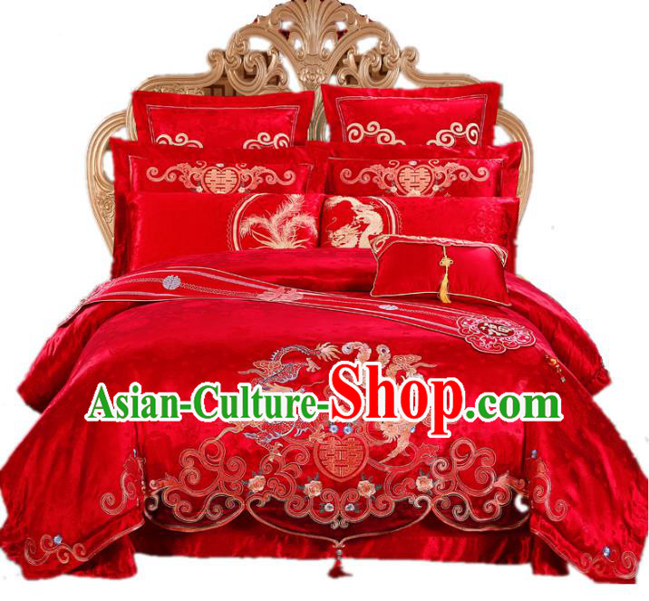 Traditional Chinese Wedding Red Satin Embroidered Dragon Phoenix Ten-piece Bedclothes Duvet Cover Textile Qulit Cover Bedding Sheet Complete Set