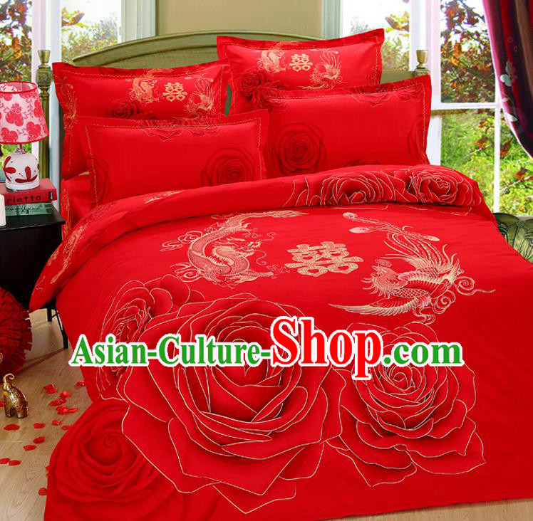 Traditional Chinese Wedding Red Printing Dragon Phoenix Four-piece Bedclothes Duvet Cover Textile Qulit Cover Bedding Sheet Complete Set