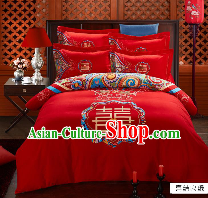 Traditional Chinese Wedding Printing Xi Character Red Four-piece Bedclothes Duvet Cover Textile Qulit Cover Bedding Sheet Complete Set