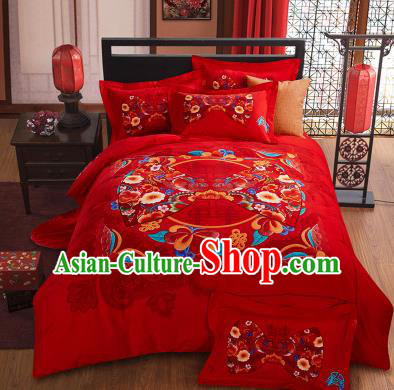 Traditional Chinese Wedding Printing Flowers Red Four-piece Bedclothes Duvet Cover Textile Qulit Cover Bedding Sheet Complete Set