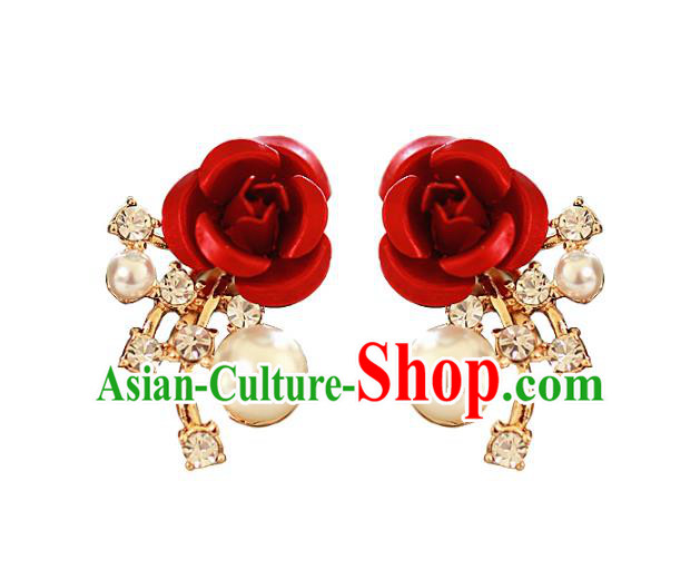 Chinese Traditional Bride Jewelry Accessories Baroque Princess Headwear Wedding Crystal Rose Earrings for Women