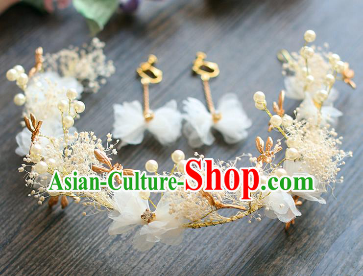 Chinese Traditional Bride Hair Jewelry Accessories Wedding Dragonfly White Flowers Hair Clasp and Earrings for Women