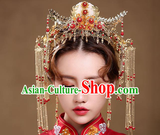 Chinese Traditional Bride Hair Jewelry Accessories Xiuhe Suit Tassel Hairpins Headwear Wedding Phoenix Coronet for Women