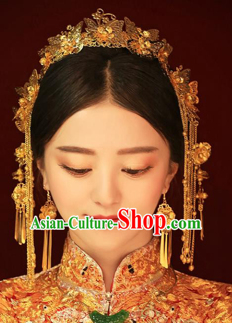 Chinese Traditional Bride Hair Jewelry Accessories Xiuhe Suit Golden Phoenix Coronet Wedding Tassel Headwear for Women