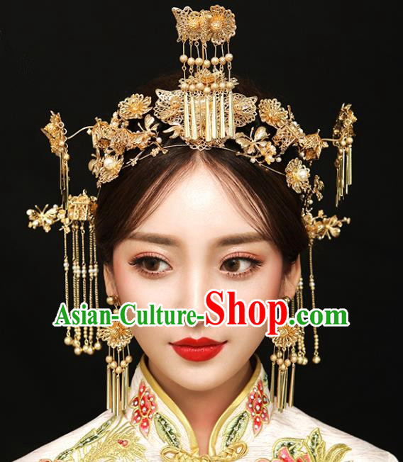 Chinese Traditional Bride Hair Jewelry Accessories Palace Xiuhe Suit Tassel Phoenix Coronet Wedding Hairpins for Women
