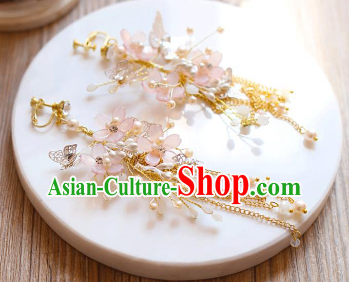 Chinese Traditional Bride Jewelry Accessories Eardrop Princess Wedding Pink Flowers Tassel Earrings for Women
